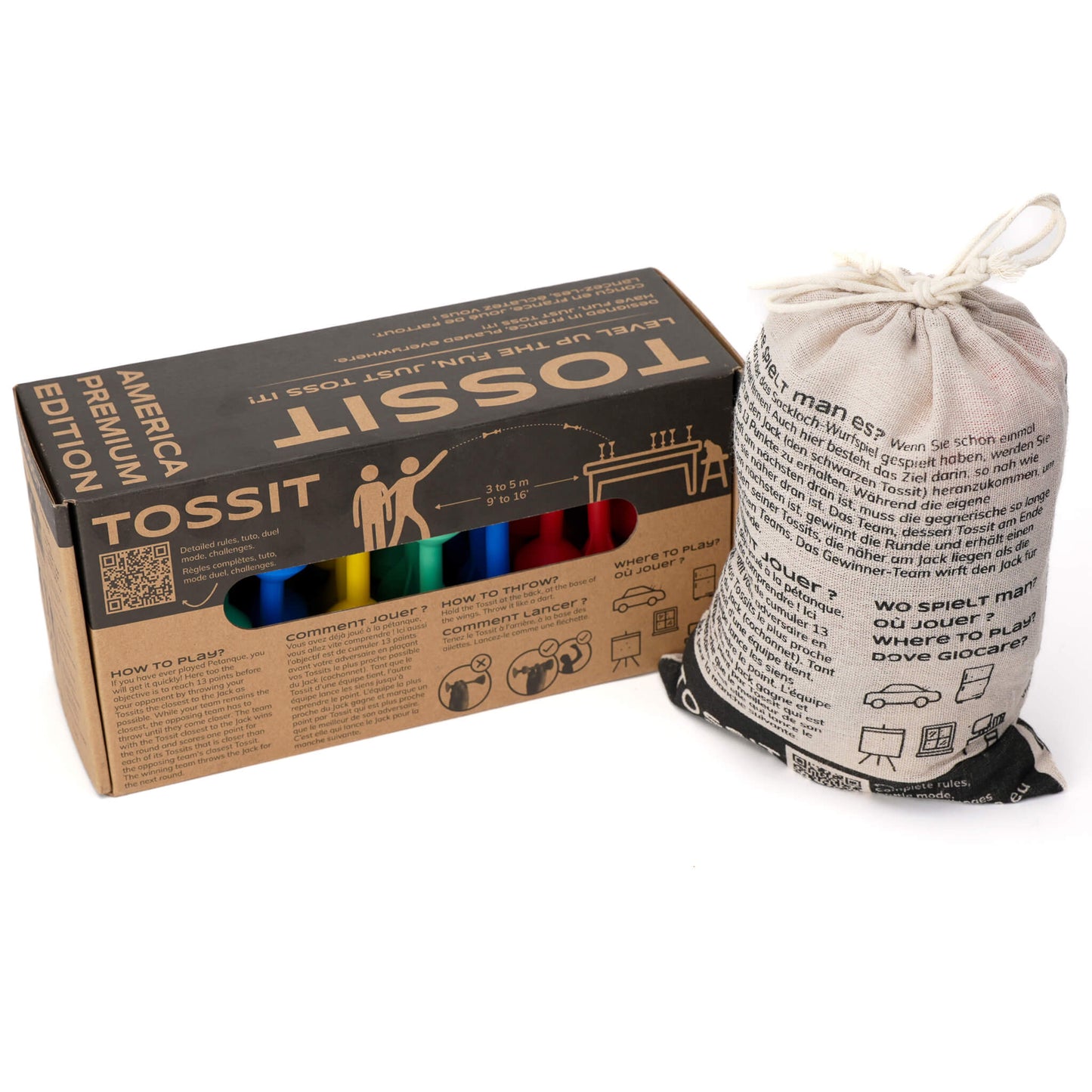 Tossit Quatro game set comes with a convenient cloth carrying case.