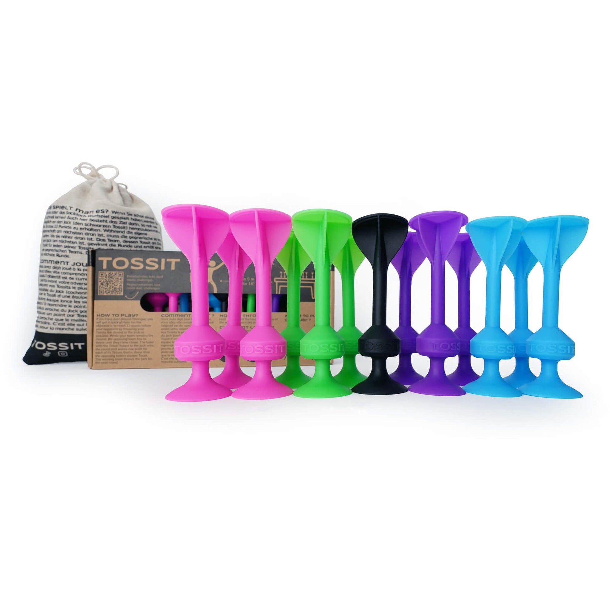 TOSSIT Duo Edition Game Pack in Pink, Grün, Lila und Blau.