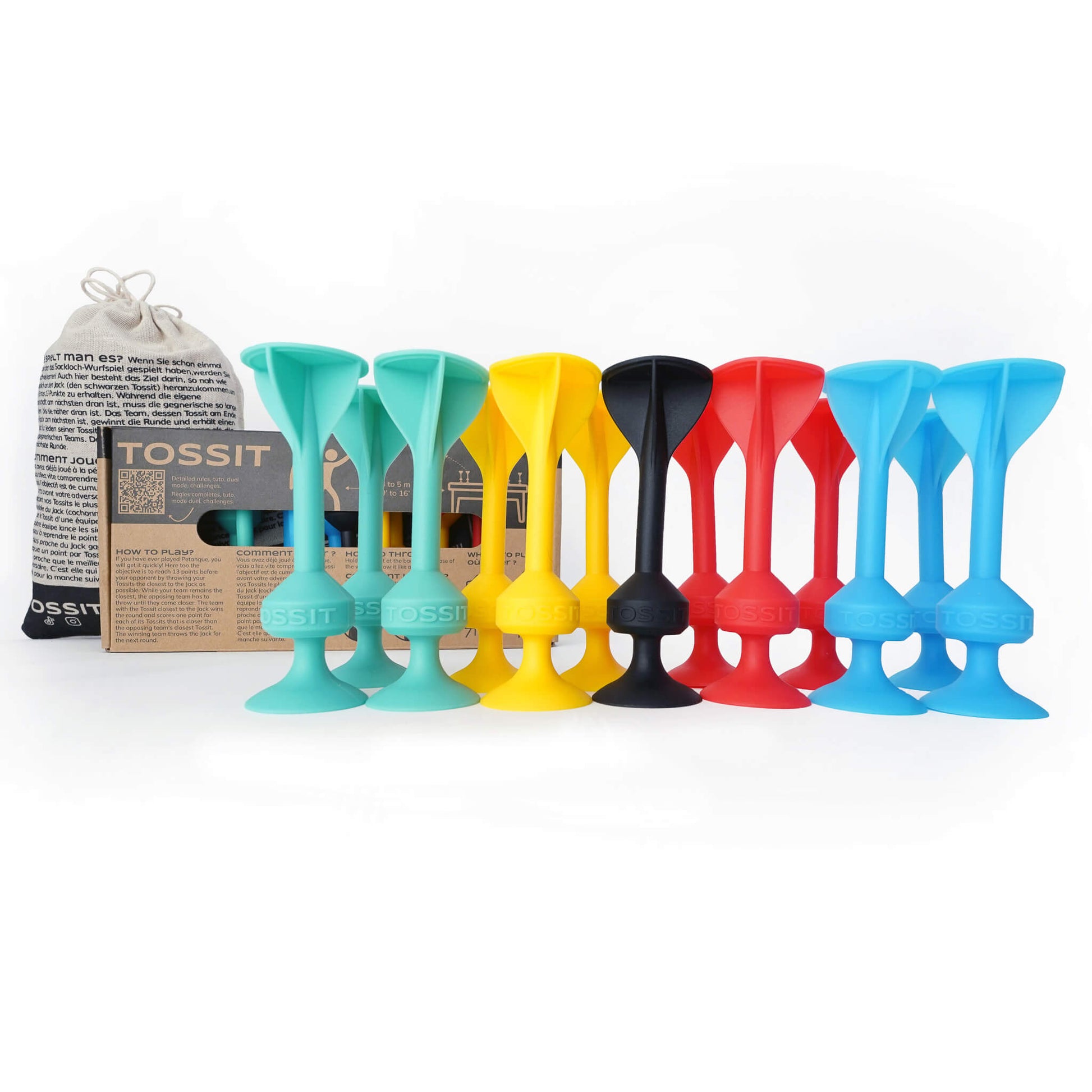 Tossit Duo Edition Game Pack in cyaan, geel, rood en blauw.